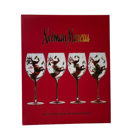 Neiman Marcus Hand-Painted Reindeer Christmas Wine Glasses Set of 4 New - Picture 2 of 16